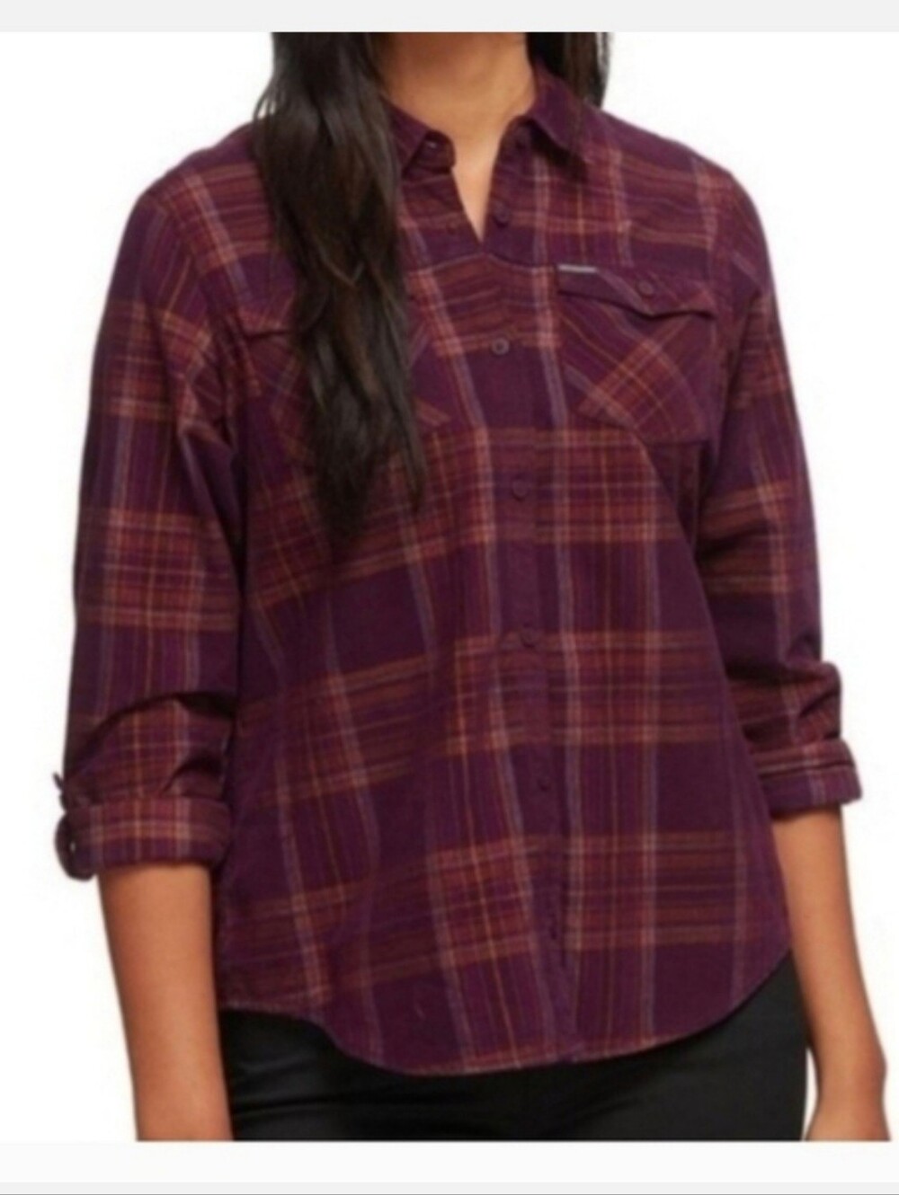 Plaid Button-Up Shirt in Deep Plum and Rust Sz L